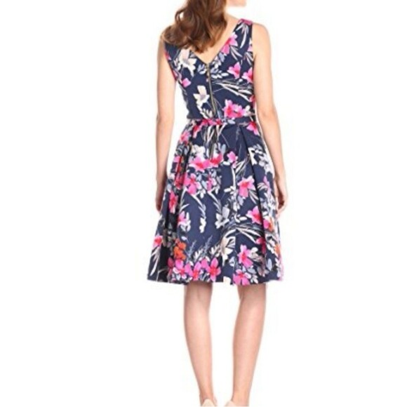 Eliza J Fit & Flare Floral Belted Dress Blue Pink Side Pockets Size 14 - Picture 2 of 16